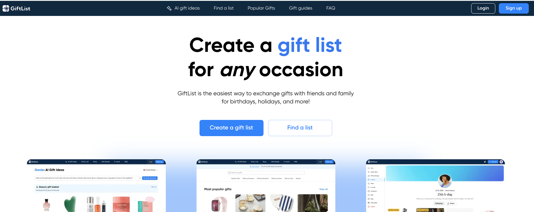 GiftList wishlist app interface